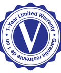 1-Year Limited Warranty seal featuring a blue circular design with a prominent V in the center and text indicating guarantee.