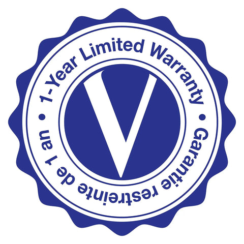 1-Year Limited Warranty seal featuring a blue circular design with a prominent V in the center and text indicating guarantee.