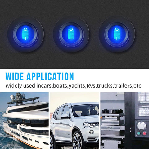 Waterproof 12V Toggle Switch Kit 2 Pack With Heavy Duty Blue LED Light, marine and automotive use applications shown