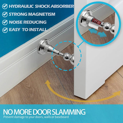 Magnetic Door Stopper With Hydraulic Shock Absorbent Tech, Soft Catch Magnetic Hold installed on a door, 304 Stainless Steel.