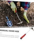 Gardener using Lightweight Garden Hand Hoe Weeding Tool With Non Slip Handle For Easy Weeding Cultivation And Grass Cutting in soil.