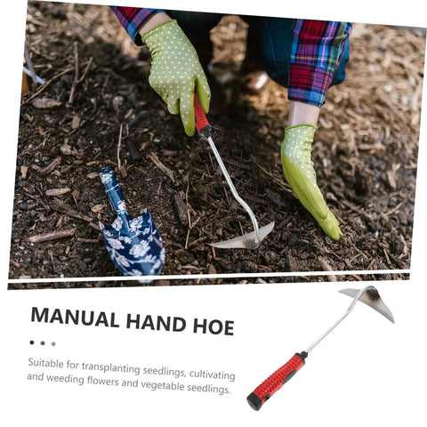 Gardener using Lightweight Garden Hand Hoe Weeding Tool With Non Slip Handle For Easy Weeding Cultivation And Grass Cutting in soil.