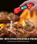 Instant Read Digital Meat Thermometer With Backlit Auto Rotating Display, 4.6 Inch Probe grilling steak on barbecue