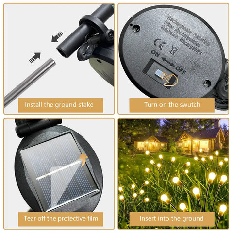 Assembly steps for Two Pack Solar Garden Lights With 12 LED Firefly Lights, including switch, ground stake, and protective film.