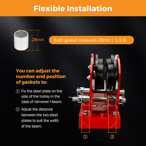 1 Ton I Beam Manual Trolley With Geared Push Operation For Overhead Hoist Heavy Duty 6 Wheel Wide Flange Track Smooth Rolling And Secure Lock Nut showcasing adjustable gasket installation