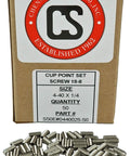 Stainless Steel 4-40 x 1/4 Inch Cup Point Socket Set Screws With Hex Key Wrench, 50 Pack, corrosion resistant set, image of box and screws