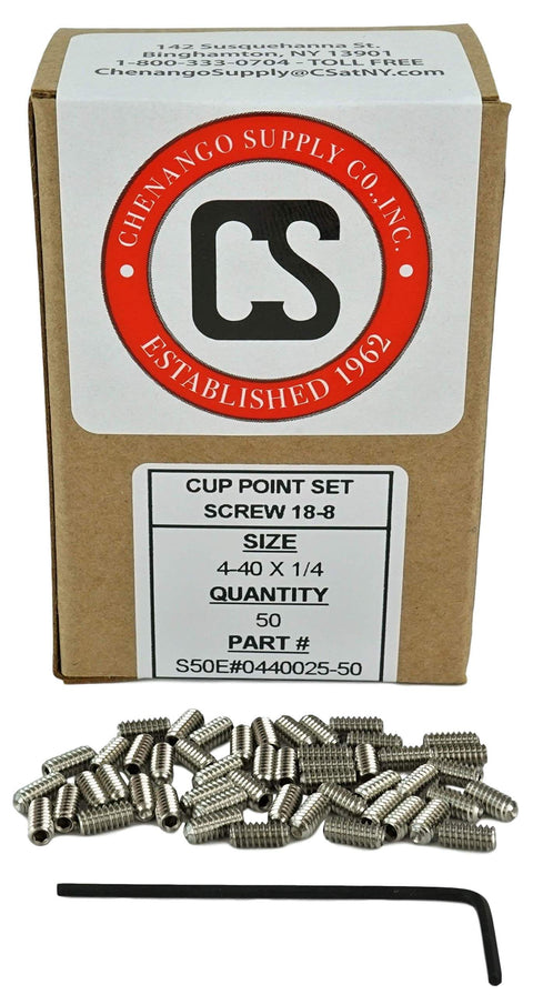 Stainless Steel 4-40 x 1/4 Inch Cup Point Socket Set Screws With Hex Key Wrench, 50 Pack, corrosion resistant set, image of box and screws