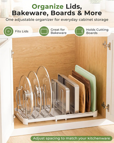 Adjustable Bakeware Organizer Pot Lid Holder Rack for Pots, Cake Molds, Cutting Boards, Mats and Cookware Storage in cabinet