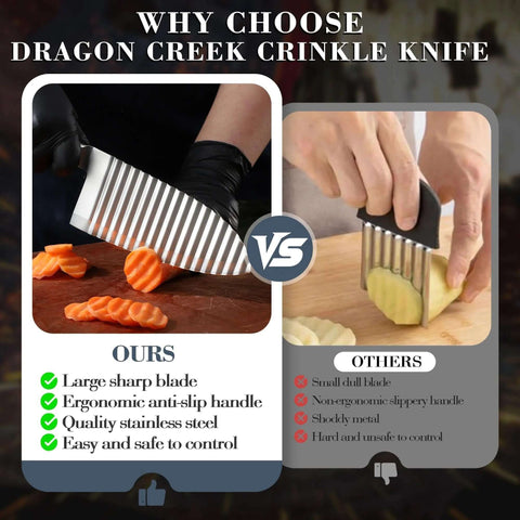 Dragon Creek crinkle cutter knife with stainless steel wavy blade and ergonomic handle; front view comparison image.