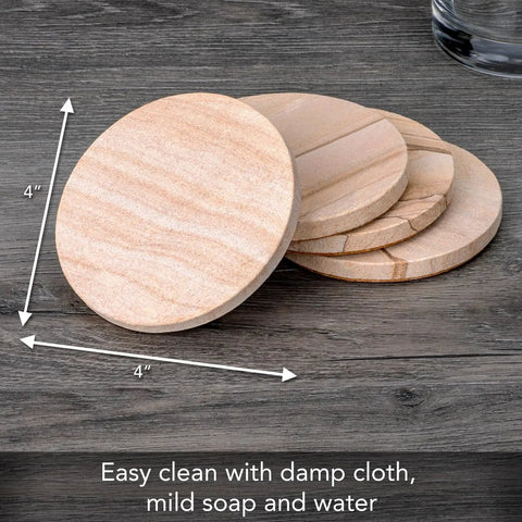 Desert Sandstone Coasters Set, All Natural Multicolor Stone With Unique Grain Patterns, Durable Round 4 Inch Drink Coasters displayed on table