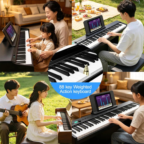 Collage of family using Foldable 88 Key Portable Piano Keyboard With 128 Sounds Full Size Semi Weighted Keys USB MIDI indoors and outdoors