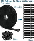 Adjustable 26Ft Black Cable Straps With 30 Buckles for DIY cord bundling, showing a roll, buckles, and pre-cut strap examples.