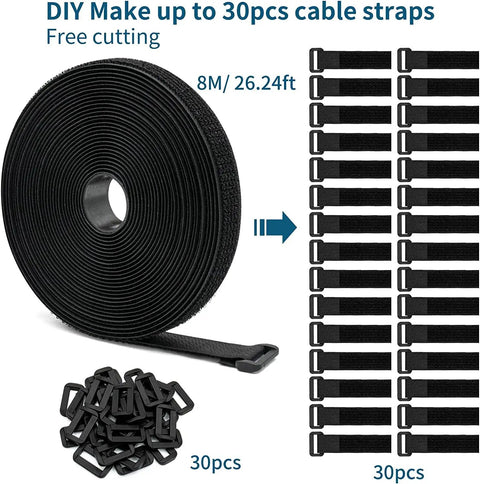 Adjustable 26Ft Black Cable Straps With 30 Buckles for DIY cord bundling, showing a roll, buckles, and pre-cut strap examples.
