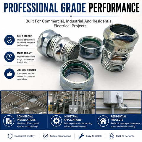Heavy Duty 1/2 Inch EMT Compression Coupling Raintight Electrical Conduit Connector Built Tough Zinc Die Cast Design, close-up view.