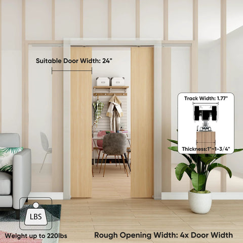 8 Ft Double Pocket Door Track Kit With Concealed Sliding System, Two 44.69 Inch Rails For 48 Inch Double Door Width Installed