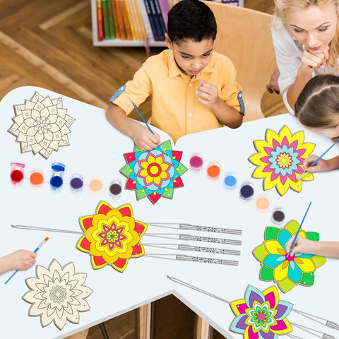 Kids crafting Lotus Flower Wind Chime Craft Kit For Kids 24 Piece Color Your Own Mandala Windchime DIY Unfinished Wood Kit