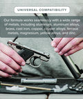 Ultrasonic gun cleaner setup: silver pistol with black grip on a workbench with cleaning tools.