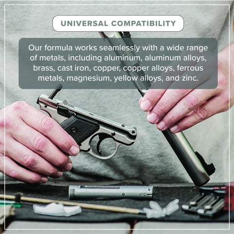 Ultrasonic gun cleaner setup: silver pistol with black grip on a workbench with cleaning tools.