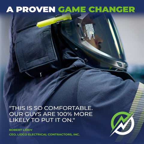 Close-up of a worker wearing Hella Durable Cat 4 Arc Flash PPE Kit XL with face shield and comfortable jacket.