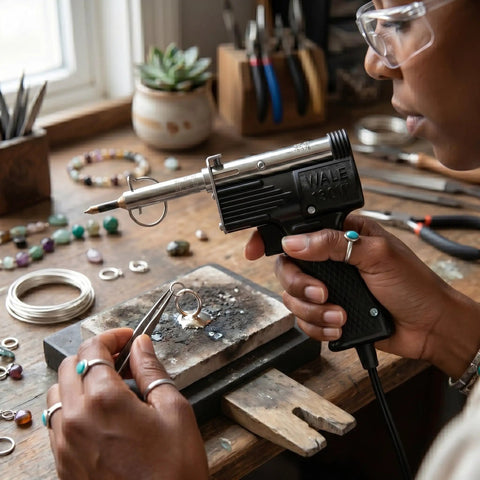Close-up of Dual Watt Soldering Gun 400 And 150 Heavy Duty with Trig R Heat Control in home jewelry making workspace.