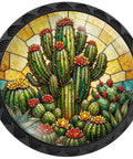 4 Pack Vintage Desert Cactus Cabinet Knobs For Kitchen And Bathroom With Stained Glass Boho Southwest Vibes Green Cacti And Bright Red And Yellow Flowers Adds Cozy Rustic Charm, showcasing green cacti with red flowers in stained glass pattern.