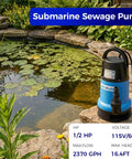 1/2 HP Submersible Trash Pump With Thermoplastic Body Delivers 2370 GPH High Flow Sewage Water Removal For Basements Sumps
