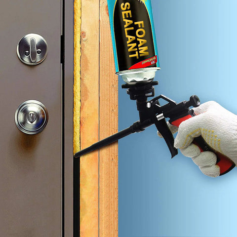 Heavy Duty Foam Gun For Caulking And Sealing applying foam sealant to door gap with precision trigger for accurate application