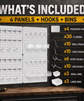 Game Changer Garage Wall Storage System With Four 12X16 Pegboard Panels Six Crystal Clear Bins And Thirty Six Heavy Duty Hooks displayed.