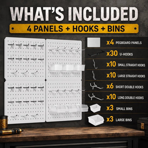Game Changer Garage Wall Storage System With Four 12X16 Pegboard Panels Six Crystal Clear Bins And Thirty Six Heavy Duty Hooks displayed.