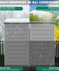 Outdoor Horizontal Trash Can Storage Shed For Large Cans 304 Gallon Resin With Lockable Doors And Lift Lid Waterproof Bin Shelter showing weatherproof capabilities in snow and sun.