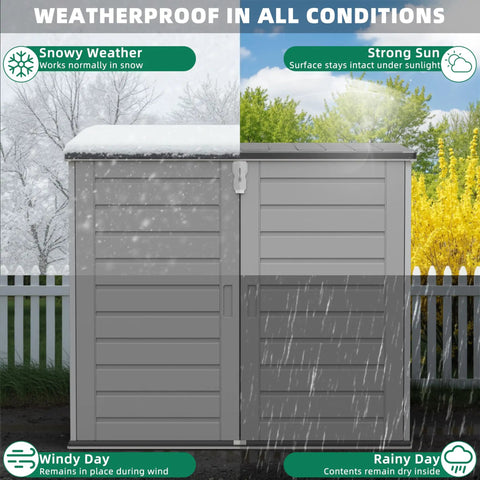 Outdoor Horizontal Trash Can Storage Shed For Large Cans 304 Gallon Resin With Lockable Doors And Lift Lid Waterproof Bin Shelter showing weatherproof capabilities in snow and sun.