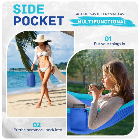 Side pocket feature of Ultralight Parachute Nylon Camping Hammock With Two Tree Straps Supports Up To 600 Lbs For Single Or Double Use