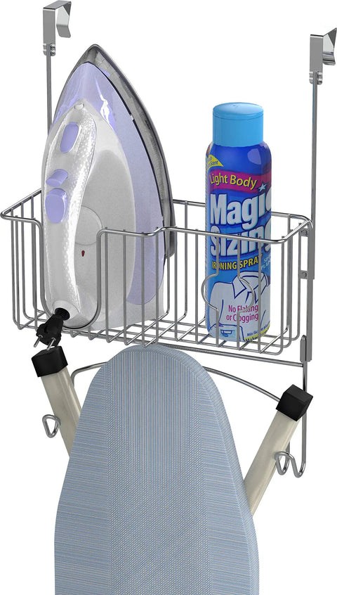Space Saving Over The Door And Wall Mount Ironing Board Holder for laundry room holding iron, spray, and board