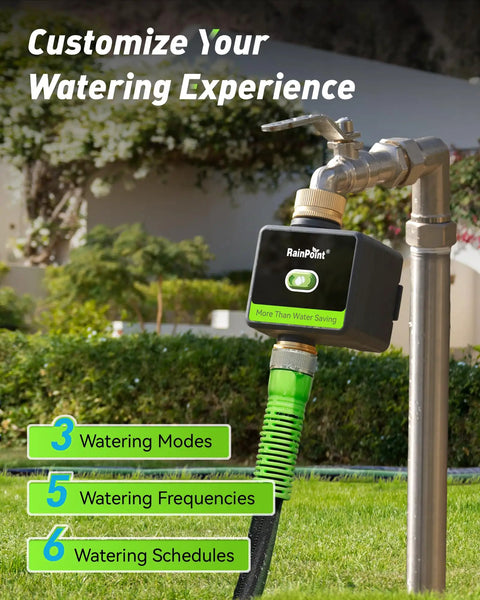 WiFi Hose Timer With Brass Inlet And Outlet No Fuss Setup Smart Sprinkler Controller attached to garden faucet
