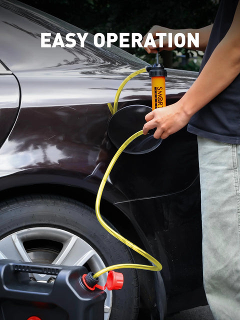 SMART JERRY gasoline siphon pump with yellow hose and manual hand pump for automotive fuel transfer