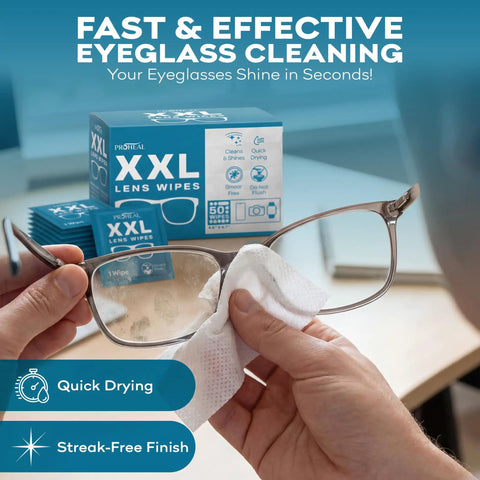 Person cleaning glasses with Big Lens Wipes 50 Count For Glasses, Watches, Screens And More Clean Smudge Free with Quick Dry on box in background.