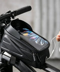 Super Cool Water-Resistant Bike Phone Mount Bag For Happy E-Bike Offroad Mtb With Hd Touch Screen Window To Navigate And Handle Calls On The G. black handlebar phone bag with touch window, zipper pockets and headset cable access