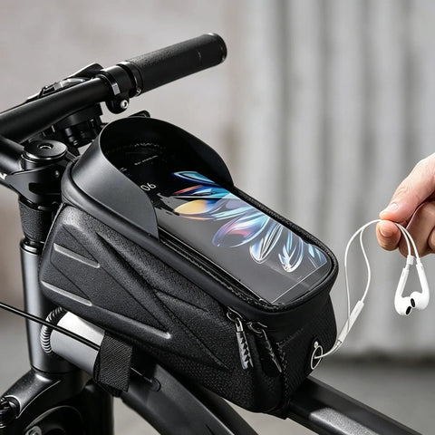 Super Cool Water-Resistant Bike Phone Mount Bag For Happy E-Bike Offroad Mtb With Hd Touch Screen Window To Navigate And Handle Calls On The G. black handlebar phone bag with touch window, zipper pockets and headset cable access