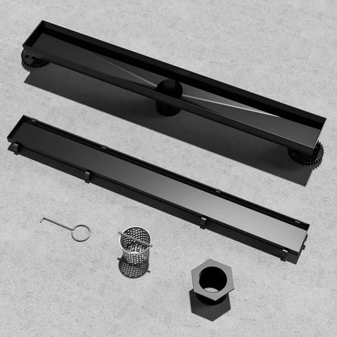 24 Inch Linear Shower Drain With Reversible 2-In-1 Tile Insert Cover In Matte Black SUS304 Stainless Steel Includes Hair Strainer Fits Standard 2-Inch Plumbing Invisible Design For Tile Or Flat Panel