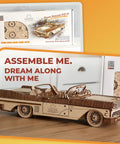 Groovy Retro Wooden 3D Puzzle Featuring Killer Rubber Band Powered Mechanical Model Car Kit With Working V8 Engine Pistons Openable Doors And Sick Diy Craft Build For Adults displayed beside box