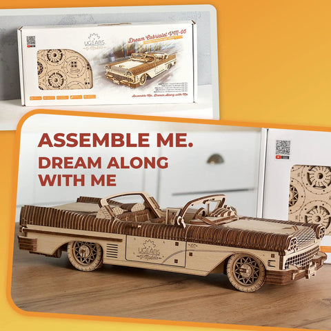 Groovy Retro Wooden 3D Puzzle Featuring Killer Rubber Band Powered Mechanical Model Car Kit With Working V8 Engine Pistons Openable Doors And Sick Diy Craft Build For Adults displayed beside box
