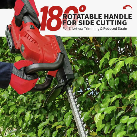 Cordless Hedge Trimmer With Swivel Handle and 52cm Dual-Action Blade trimming green shrub, lightweight design, close-up