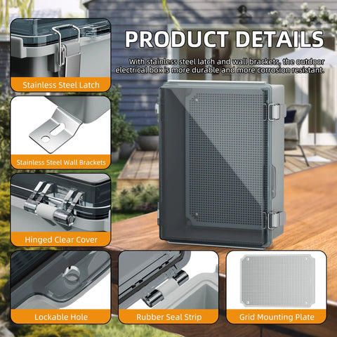 Joinfworld lockable outdoor weatherproof electrical box, clear plastic NEMA 4 enclosure with stainless steel latch.