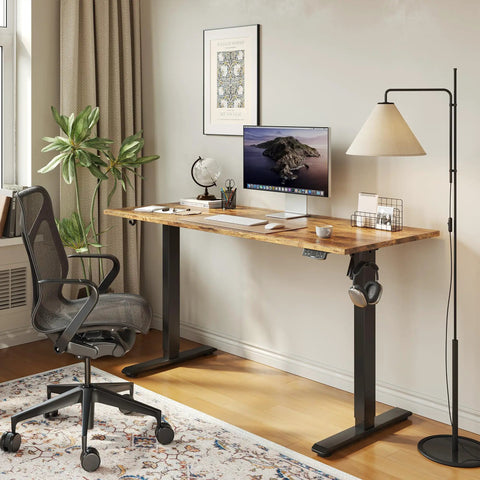Agilestic Height Adjustable Electric Standing Desk, 55x24 Inch Desktop, Rustic Brown Finish With Advanced Motor System in home office setting.