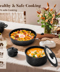 Removable Handle Induction Pots And Pans Set with black granite nonstick fry pan and sauce pan on a dining table