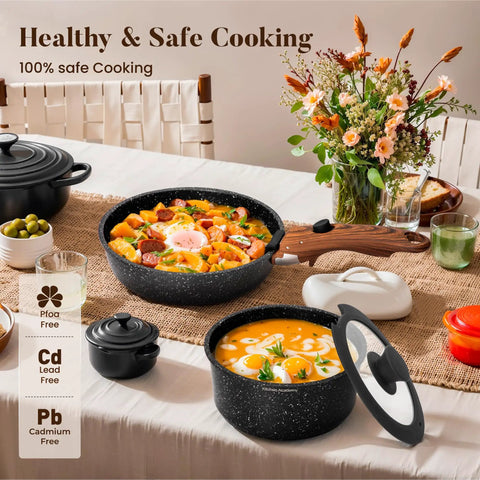 Removable Handle Induction Pots And Pans Set with black granite nonstick fry pan and sauce pan on a dining table