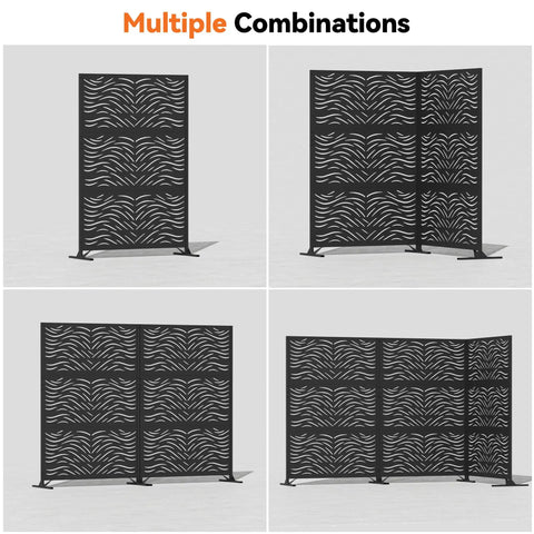 4x6 Ft Metal Privacy Screen With Artistic Modular Designs For Patio And Garden Freestanding Outdoor Fence Panel Weather Resistant Laser Cut Ripple Flow Pattern shown in multiple configurations