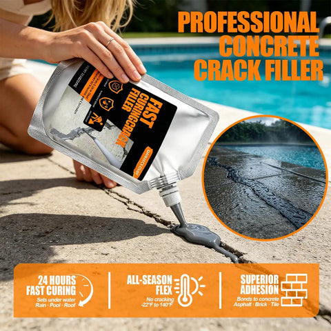 Image of Self Leveling Concrete Crack Filler And Rapid Dry Cement Sealant For Driveways And Patios Goes On Smooth Locks Down Tight Handles Extreme Freeze Thaw Cycles Stays Pliable Gray 20 Oz being applied on a concrete surface.