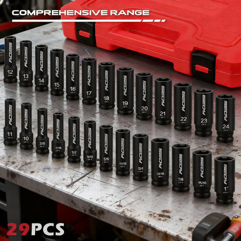 Heavy Duty 29-Piece 1/2 Inch Drive Impact Socket Set With SAE 3/8 To 1 Inch And Metric 10-24mm displayed on workbench