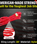 Red 30ft Endless Round Polyester Rigging Sling Built Tough For Industrial Lifting And Rigging Work Made In USA With 13,200 Lb Vertical Load And 10,560 Lb Choker Capacity. Red 30 ft endless round sling with inspection tag.